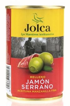 Jolca Oliven jamon Grüne Oliven mit Serrano Schinken gefüllt 300g 