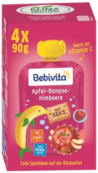 Bebivita Kinder-Spaß Apfel-Banane-Himbeere mit Keks ab 1 Jahr 4x90g 